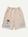 SHEIN Tween Boys' Coconut Tree & Letter Print Shorts