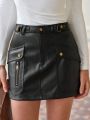Anewsta Faux Leather Flap Front Pocket Mini Skirt
