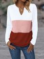 Color Block Notched Neckline Long Sleeve T-Shirt