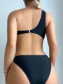 SHEIN Swim BAE One-Shoulder Sleeveless Solid Black Hollow Out One-Piece Swimsuit