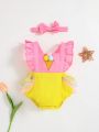 SHEIN Newborn Baby Girls' Color Block Ruffled Romper With Hairband 2pcs/set