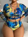 SHEIN Swim SXY Women'S Plus Size Printed Hollow Out Bandeau Bikini Set