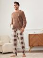 Men's Teddy Bear Letter Embroidered Top & Plaid Pants Plush Homewear Set