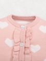 SHEIN Baby Girl Heart Pattern Ruffle Trim Button Front Knit Jumpsuit