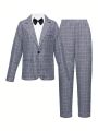 Teen Boy 1pc Plaid Lapel Collar Blazer & 1pc Suit Pants & 1pc Bow Without Shirt