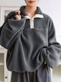 Dazy-Less Color Block Teddy Half Button Sweatshirt With Contrast Color Edges