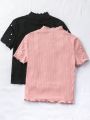 SHEIN Kids FANZEY Tween Girls' Pearl Decoration Knit Short Sleeve T-Shirt With Stand Collar And Ruffle Hem, 2pcs/Set