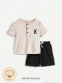 Cozy Cub Infant Boys' Bow Tie Decorated Half Zip Short Sleeve Tee And Shorts Set With Elastic Waistband