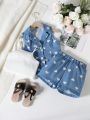 Young Girls' Heart Print Vest Blazer Jacket, Shorts And Camisole Top 3pcs Set