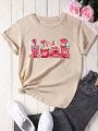 Valentine'S Day Boba Milk Tea Pattern Printed Short Sleeve T-Shirt