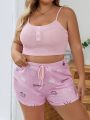 Plus Size Solid Color Camisole With Crown & Letter Printed Shorts Pajama Set