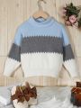 SHEIN Kids EVRYDAY Girls' Color-block Stand Collar Sweater