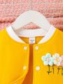 Young Girl Floral Patch Striped Trim Colorblock Varsity Jacket