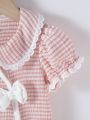 Baby Gingham Print Peter Pan Collar Bow Front Puff Sleeve Jumpsuit