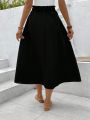 Women'S Solid Color Elastic Waist With Button Detail Skirt