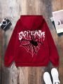 Teen Girl Spider Web & Letter Graphic Thermal Lined Hoodie