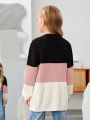 SHEIN Tween Girls' Casual Loose Fit Long Sleeve V-neck Cardigan Sweater, Multicolor, Autumn/winter