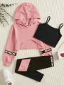 SHEIN Kids EVRYDAY Tween Girl Slogan Tape Panel High Low Hem Hoodie & Cami Top & Colorblock Leggings