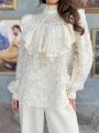 SHEIN Privé Elegant Date Ruffle Hem Decorated White Shirt