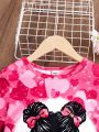 SHEIN Kids QTFun Girls' Portrait & Heart Print Short Sleeve Dress
