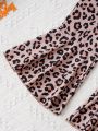 2pcs/set Baby Girls' Interesting Leopard Print Bell Bottom Pants Daily Casual Sweet & Cool Outfits For Fall