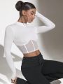 SHEIN BAE Women's Mesh Spliced Stand Collar Long Sleeve Crop Top T-shirt