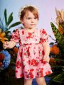 Summer Baby Girls' Rose & Lace Patchwork Printed Dress With Lace Hem, Suitable For Parties And Daily Wear