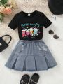 SHEIN Kids SUNSHNE 2pcs/Set Toddler Girls' Round Neck Short Sleeve Cartoon Printed T-Shirt And Pleated Denim Skirt With Distressed Design, Summer