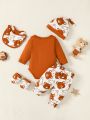 SHEIN 5pcs/set Cute Bear Printed Romper + Long Pants + Hat + Bib + Gloves For Baby Boy