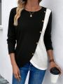 Women's Color Block Wrapped Overlap & Button Decorated T-shirt