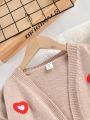 Girls' (Big) Solid Color V-Neck Cardigan With Heart Pattern