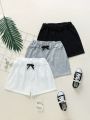 SHEIN Tween Boys' Casual Shorts Set With Bowknot Decoration, Elastic Waist, Black White Gray