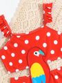 Baby Girl Polka Dot & Bird Print Applique Ruffle One-Piece Swimsuit