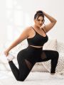 Daily&Casual Plus Size Women's Mesh Panel Workout Leggings With Color Blocking