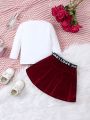 Infant Girls' Cute Dog Pattern Round Neck Long Sleeve Top And Velvet A-line Skirt Set For Spring/autumn