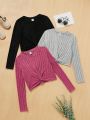 SHEIN Kids Y2Kool 3pcs/Set Tween Girls' Sporty Knitted Round Neck Long Sleeve Top