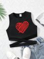 Tween Girls' Casual Simple Heart Pattern Sleeveless Vest Top Suitable For Summer