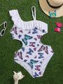 Girls' One Piece Butterfly Printed Swimsuit With Hollow Out Waist & Lotus Edge Neckline