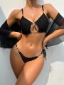 SHEIN Swim SXY Chain Decorated Hollow Out Detail Knotted Side Bikini Set + Mesh Swimsuit Cover Up Skirt