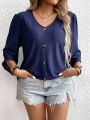 Plus Size Women'S V-Neck Button Detail T-Shirt