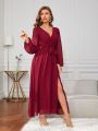 Lantern Sleeve Split Thigh Belted Chiffon Bridesmaid Dress