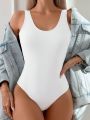 SHEIN Swim Basics Women's Solid Color One Piece Swimsuit With Open Back Design