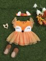 SHEIN Newborn Baby Girls' Comfortable Soft Cute Orange Fox Mesh Ruffle Dress And Ear Care Elastic Headband Set, Infant Styling Clothes 2pcs