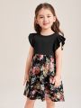 SHEIN Kids EVRYDAY Toddler Girls Floral Panel Ruffle Trim Dress