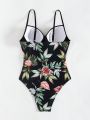 Tropical Printed Patchwork Hollow Out One Piece Swimsuit