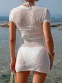 SHEIN Swim BohoFeel 1pc Women's Drawstring Detail Hollow Out Knit Cover Up Dress