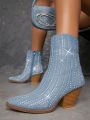 Rhinestone Decor Side Zipper Chunky Boots