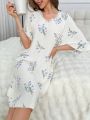 Floral Print Lace Trimmed Bell Sleeve Sleep Dress