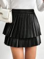 SHEIN Privé Women's Black Pleated Leather Mini Skirt