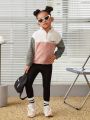 SHEIN Kids Cooltwn Toddler Girls' Warm Winter Casual Knitted Sweater With Double-sided Velvet Splice & Color Block